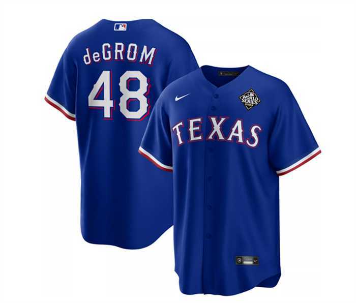 Men's Texas Rangers #48 Jacob DeGrom Royal 2023 World Series Cool Base Stitched Baseball Jersey Dzhi